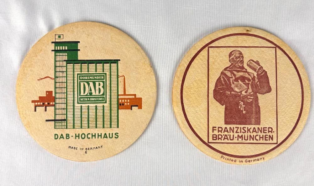 Vintage Beer Coasters Lot 2 Made in Germany Franziskaner Brau + DAB Hochhaus